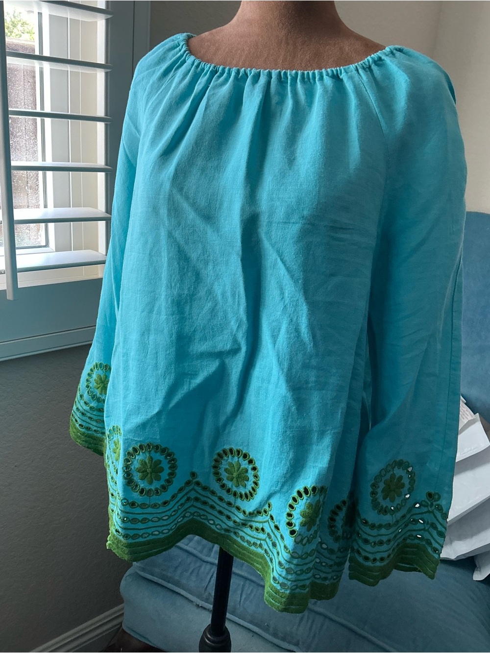 J. Crew Turquoise Linen Top with Green Detail Embroidery